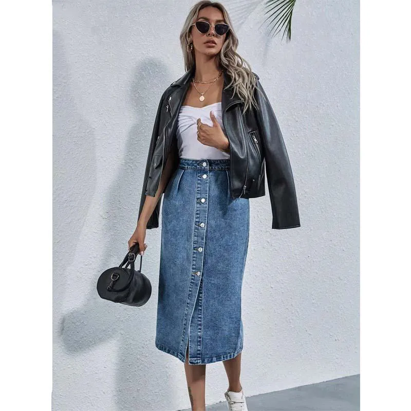 Single Breasted Knee Length Denim Skirt Women Casual High Waist Skirt