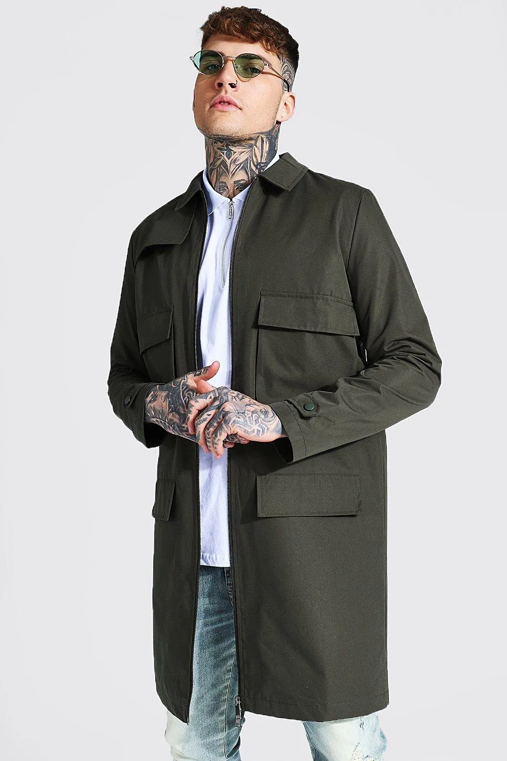 Single Breasted Mac With Utility Pockets | boohooMAN UK