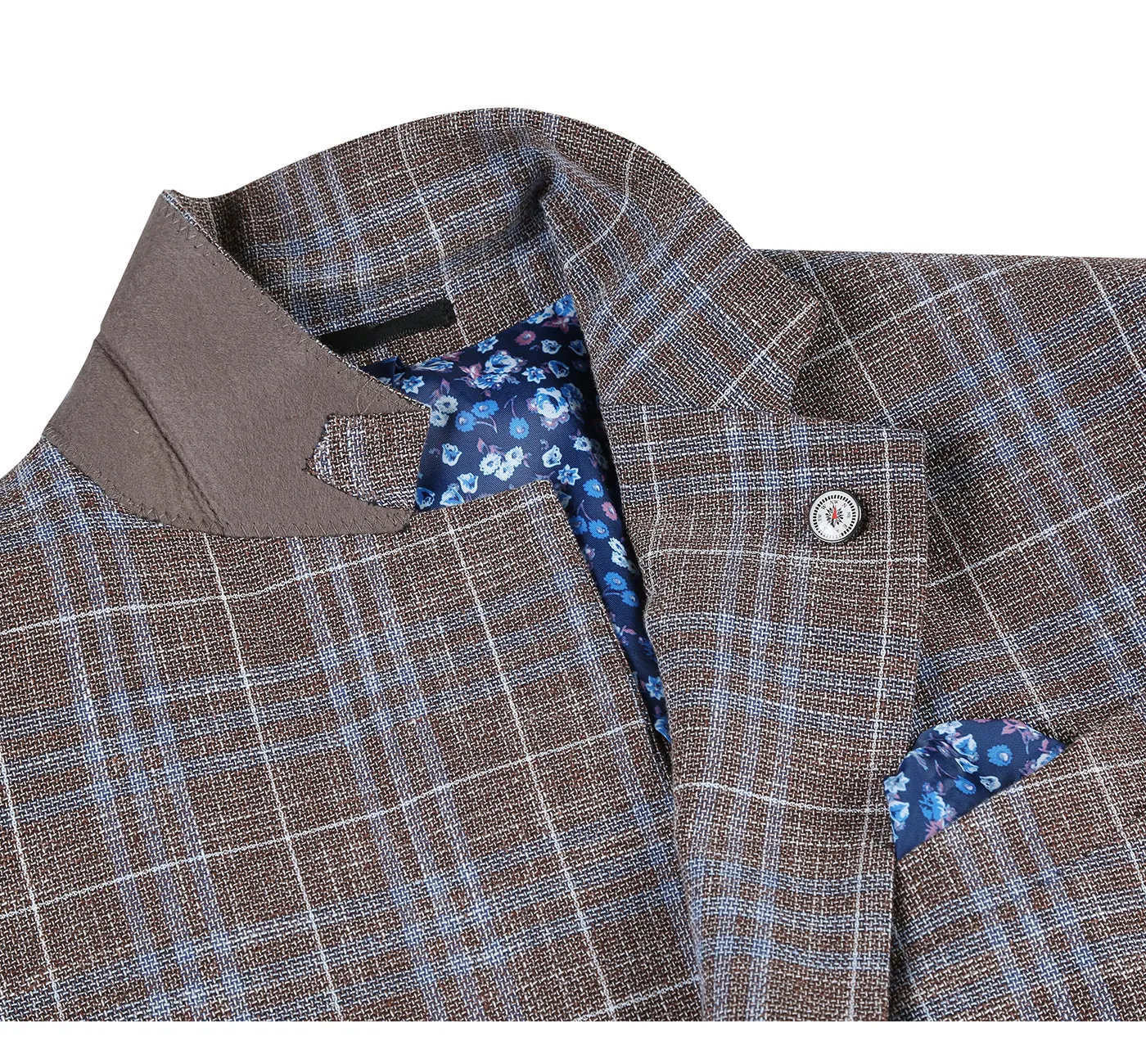 Single Breasted SLIM FIT Half Canvas Cotton/Linen Soft Jacket in Brown and Blue Plaid (Short and Regular Available) by Pelago