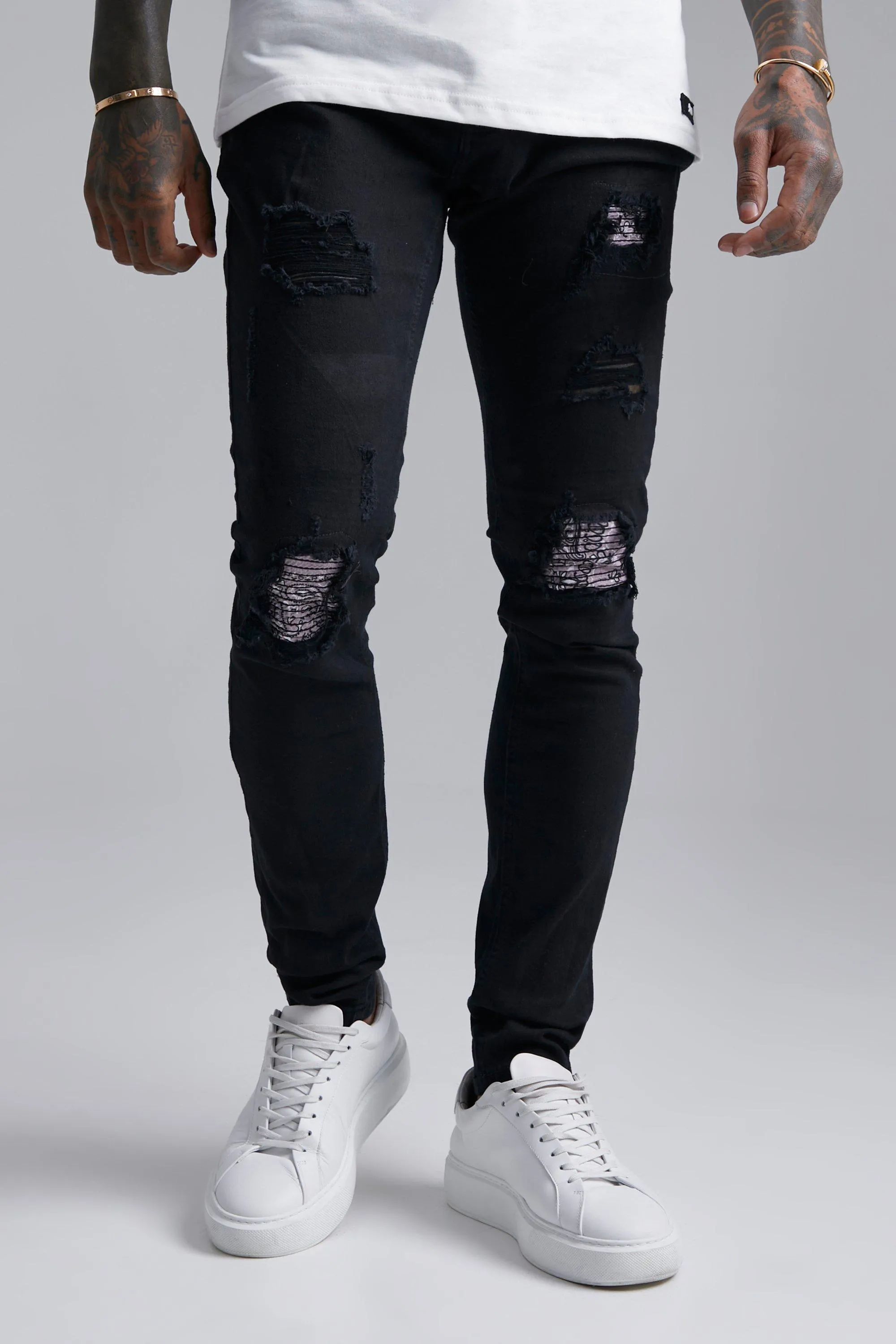 Skinny Stretch Stacked Biker Jean | boohooMAN UK