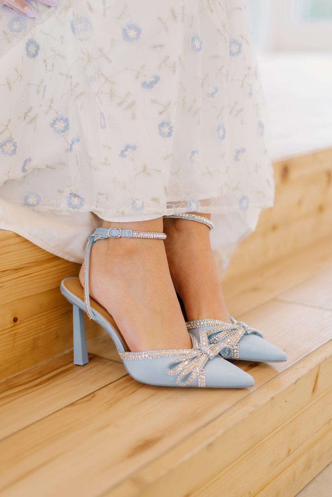 Sky Blue Rhinestone Bow Heels