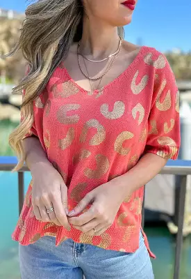 Sleeved V-Neck Knit Top - Coral