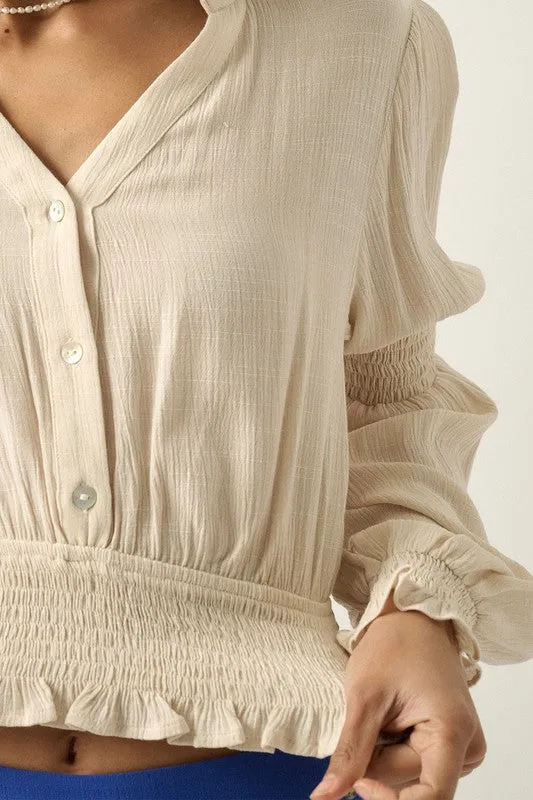 Solid Collar Neck Half Button Front Blouse