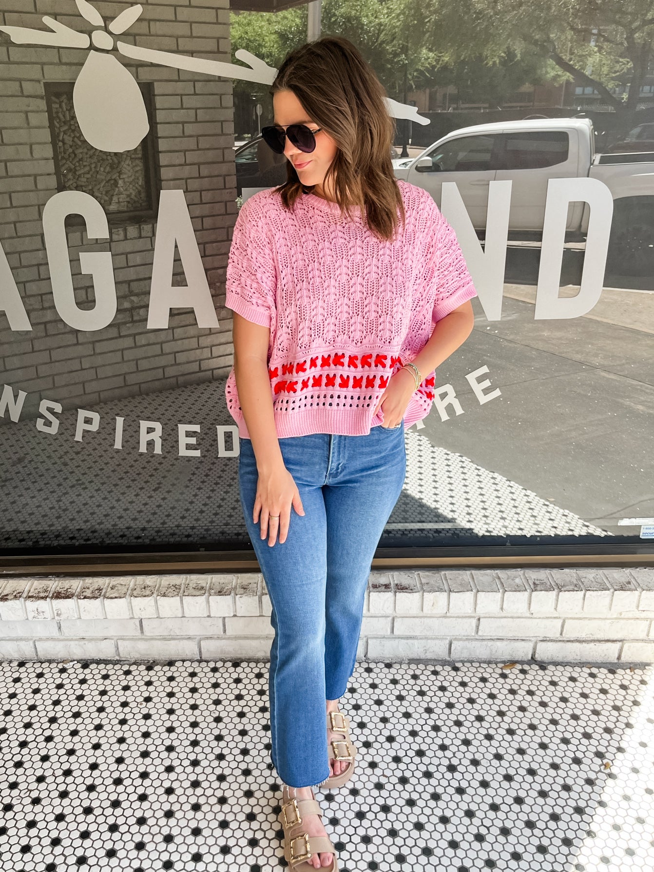 Solid Round Neck Knit Top - Pink