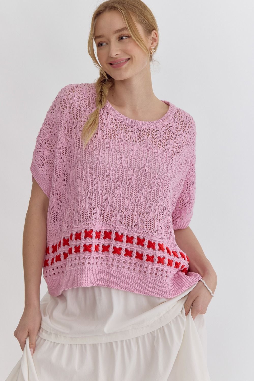 Solid Round Neck Knit Top - Pink