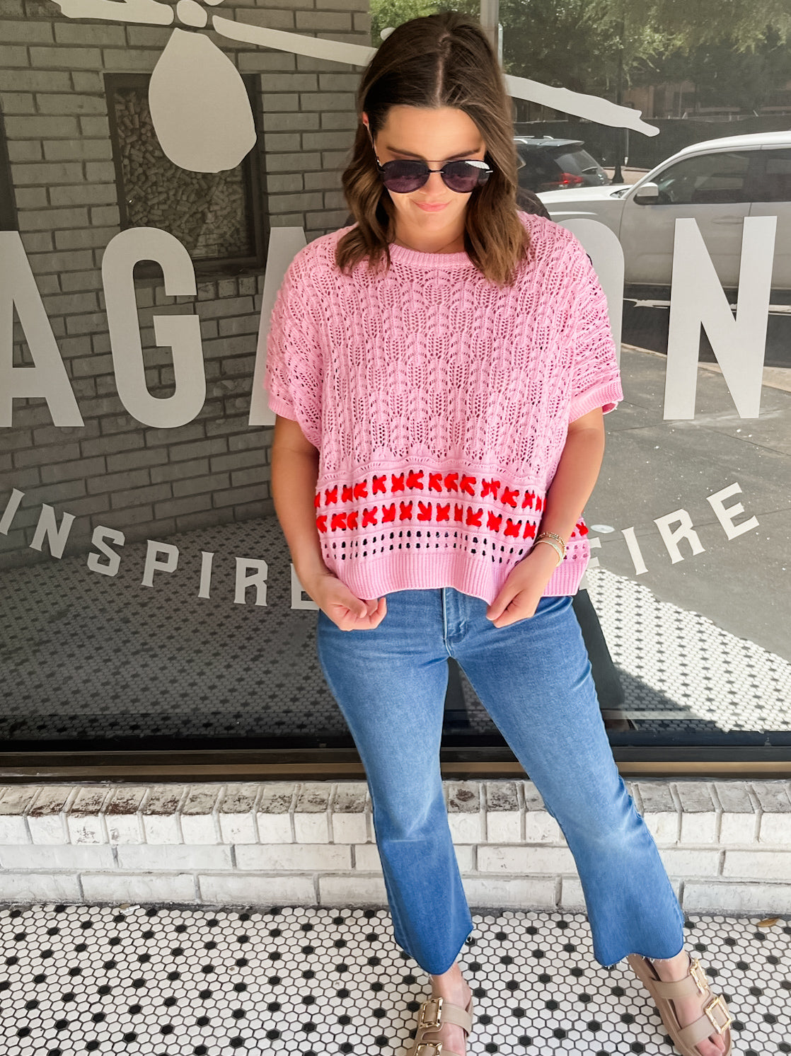 Solid Round Neck Knit Top - Pink