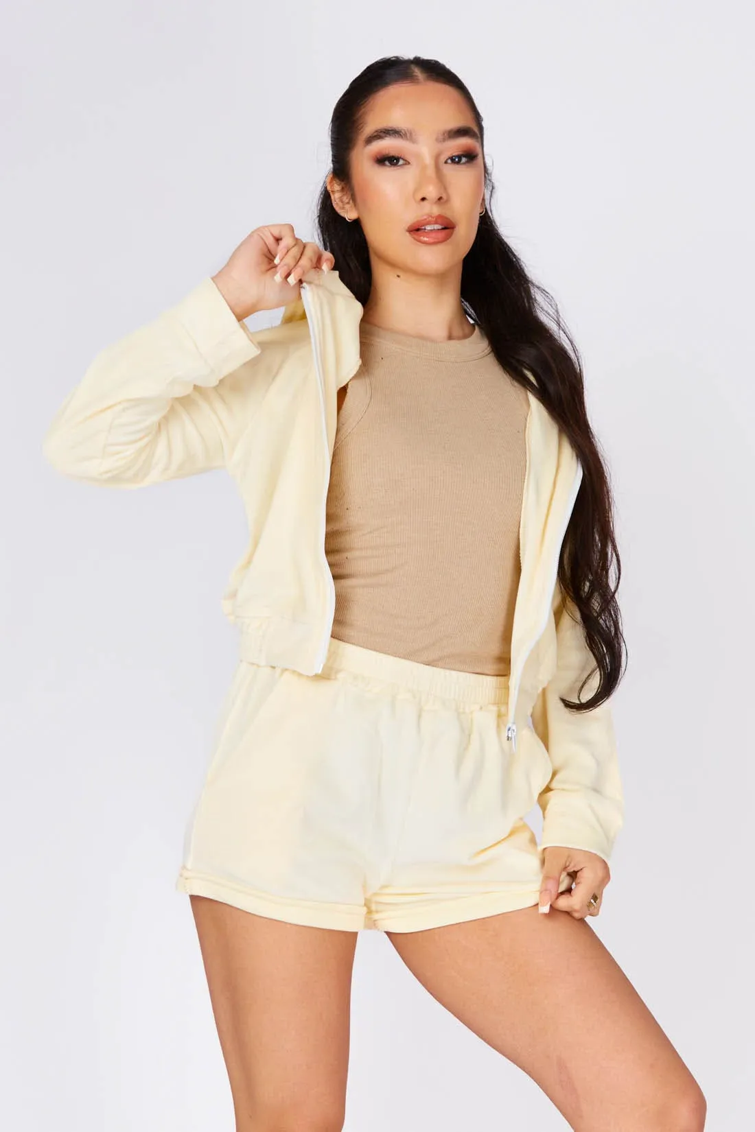 Stone Velour Cropped Jacket And Short Set