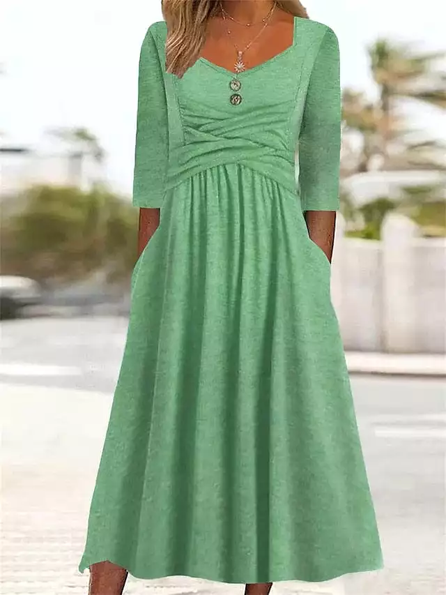 Stylish Dark Green Pleated V-Neck Midi Dress for Women