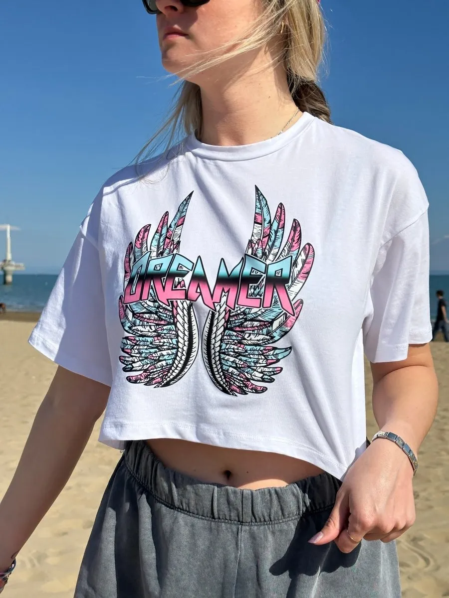 T-shirt bianca crop Dreamer