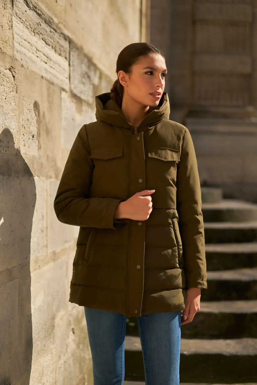 Tiered Hooded Puffer Coat in Khaki