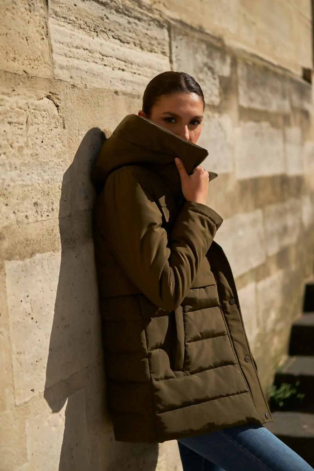 Tiered Hooded Puffer Coat in Khaki