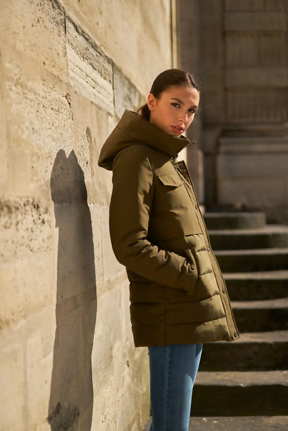 Tiered Hooded Puffer Coat in Khaki