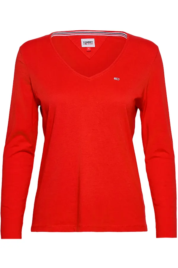 Tommy Hilfiger Women V-Neck L/S Organic Logo Tee Red