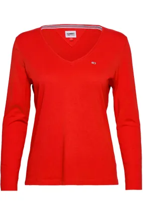 Tommy Hilfiger Women V-Neck L/S Organic Logo Tee Red