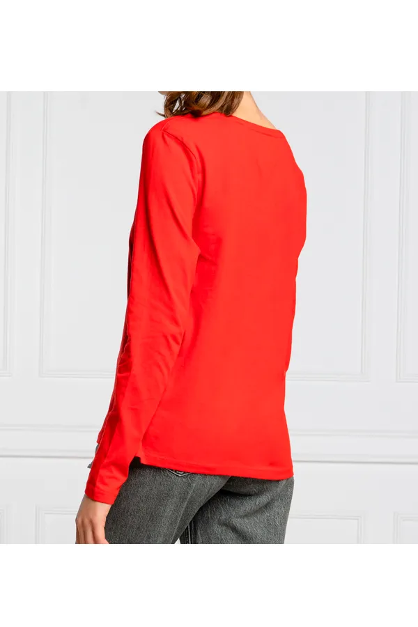 Tommy Hilfiger Women V-Neck L/S Organic Logo Tee Red