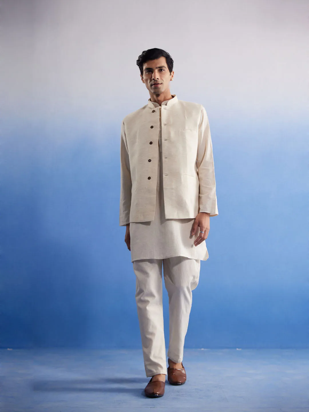 VASTRAMAY Men's Cream Pure Cotton Nehru Jacket With Short Kurta And Pant Set