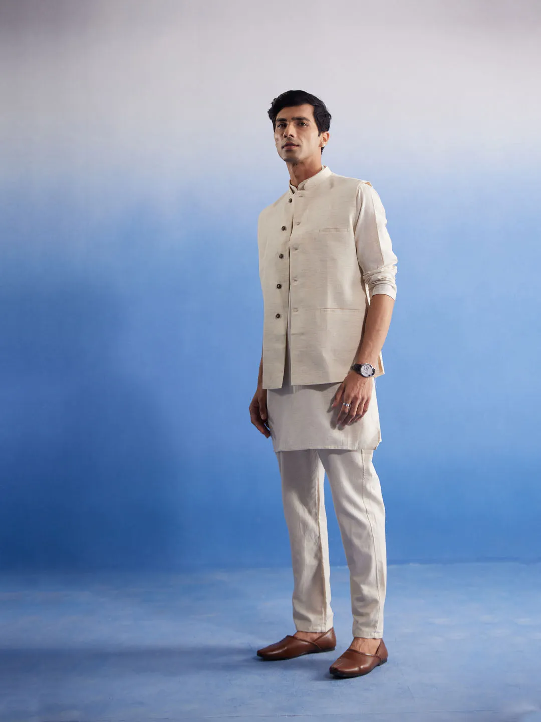 VASTRAMAY Men's Cream Pure Cotton Nehru Jacket With Short Kurta And Pant Set