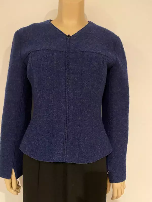 Vintage Chanel Identification 99A, 1999 Fall Boiled Wool Dark Blue Jacket FR 40