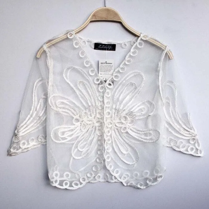 Vintage White Crochet Lace Mesh Cardigan Femme Half Sleeve V Collar Gauze Embroidery Floral Short Shrug Sunscreen Thin Jacket