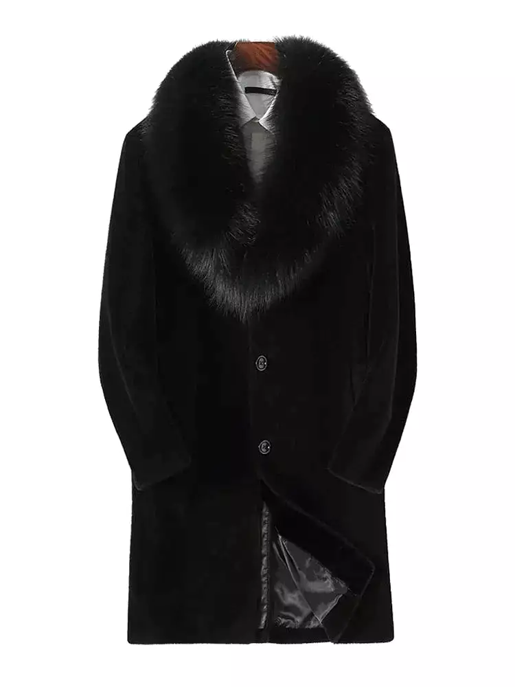 Winter Long Black Thick Warm Fluffy Faux Fur Coat Men with Fox Fur Collar Single Breasted Plus Size Outerwear 5xl