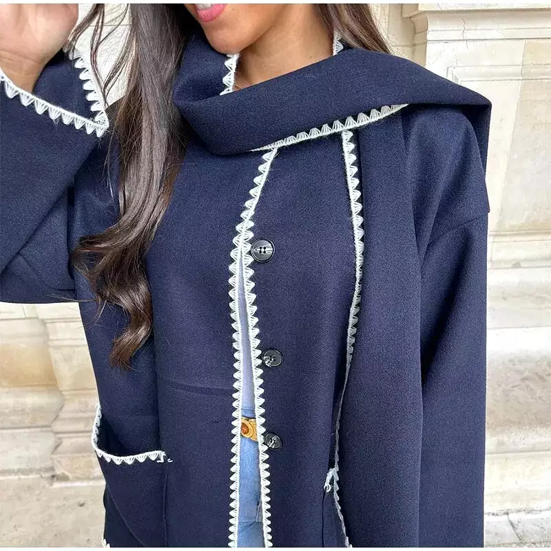 Women Casual Scarf Collar Single Breasted Pocket Coats