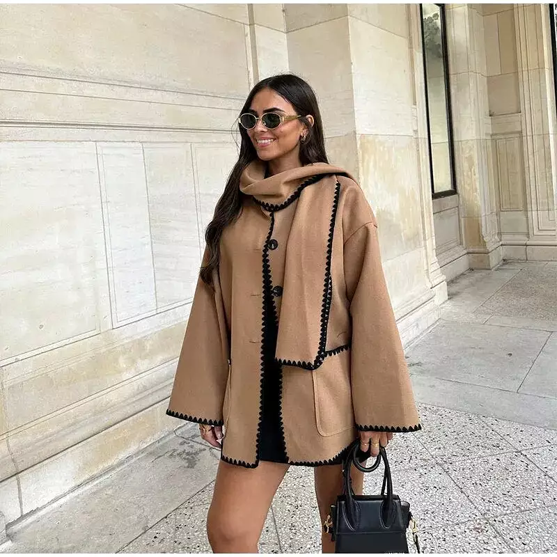 Women Casual Scarf Collar Single Breasted Pocket Coats