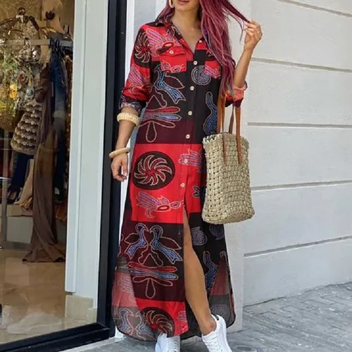 Women's Regular Dress Casual Turndown Printing Long Sleeve Graffiti Maxi Long Dress Daily