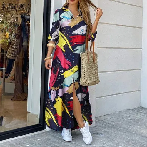 Women's Regular Dress Casual Turndown Printing Long Sleeve Graffiti Maxi Long Dress Daily