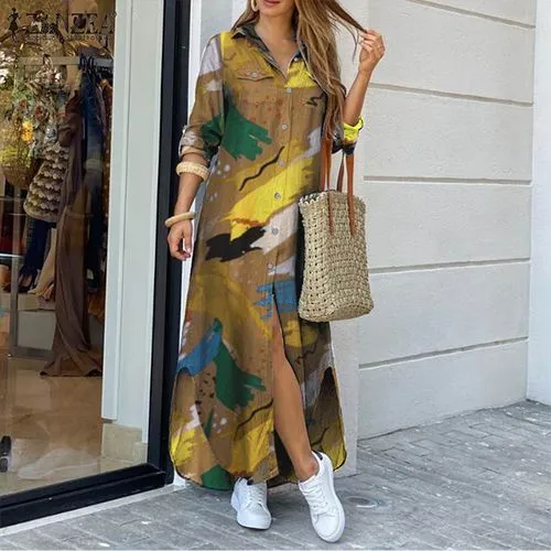 Women's Regular Dress Casual Turndown Printing Long Sleeve Graffiti Maxi Long Dress Daily