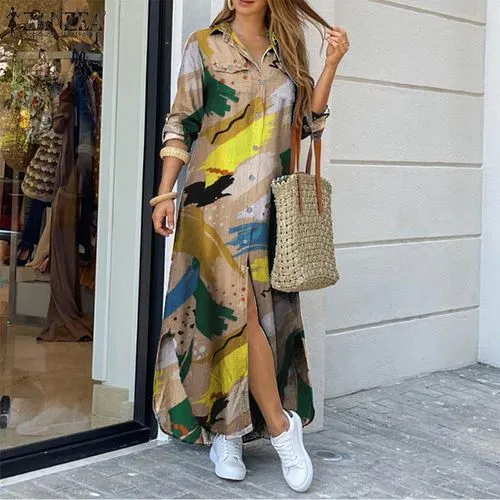 Women's Regular Dress Casual Turndown Printing Long Sleeve Graffiti Maxi Long Dress Daily