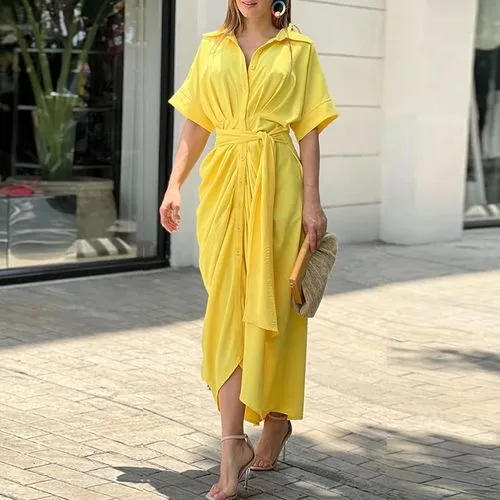 Women's Shirt Dress Fashion Turndown Short Sleeve Solid Color Midi Dress Street