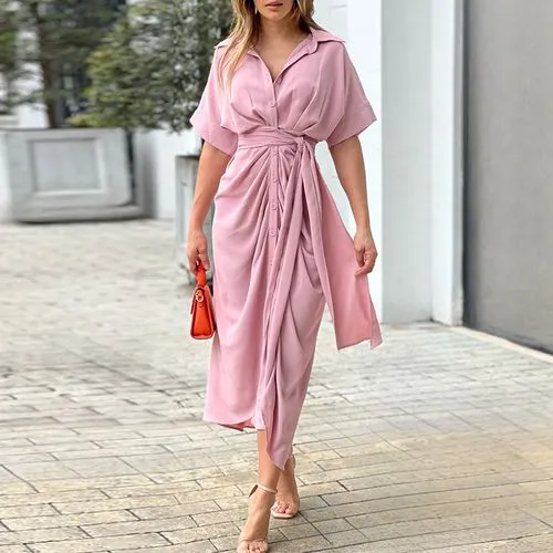 Women's Shirt Dress Fashion Turndown Short Sleeve Solid Color Midi Dress Street