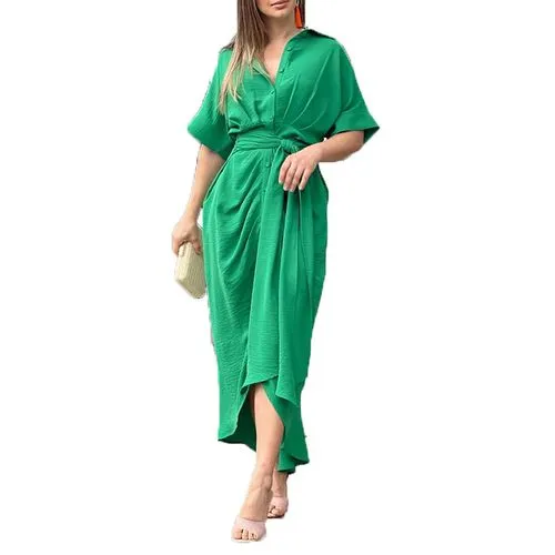 Women's Shirt Dress Fashion Turndown Short Sleeve Solid Color Midi Dress Street