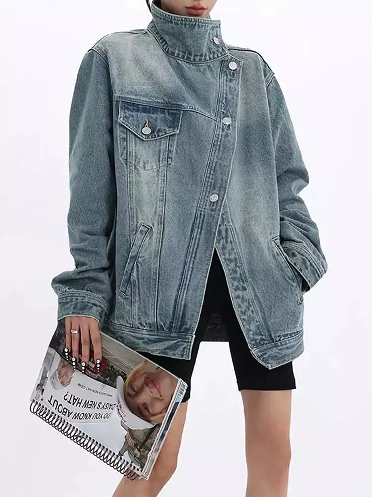 Women's Denim Coat Turtleneck Single Breasted Full Sleeve Patchwork Versatile Jackets