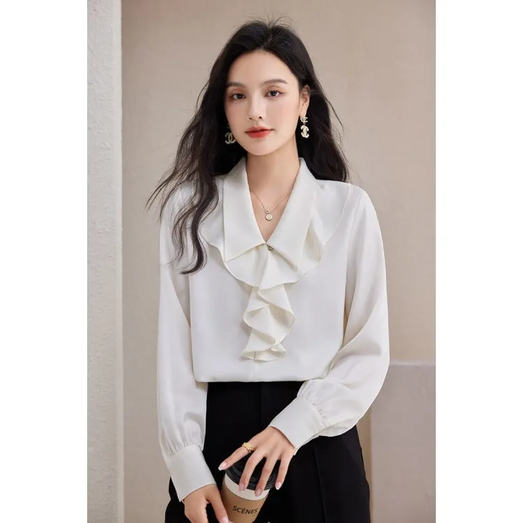 Women's Korean Elegant Office Loose Fit Chiffon Long Sleeves Blouse