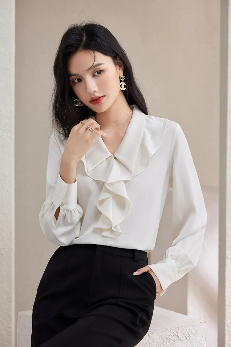 Women's Korean Elegant Office Loose Fit Chiffon Long Sleeves Blouse