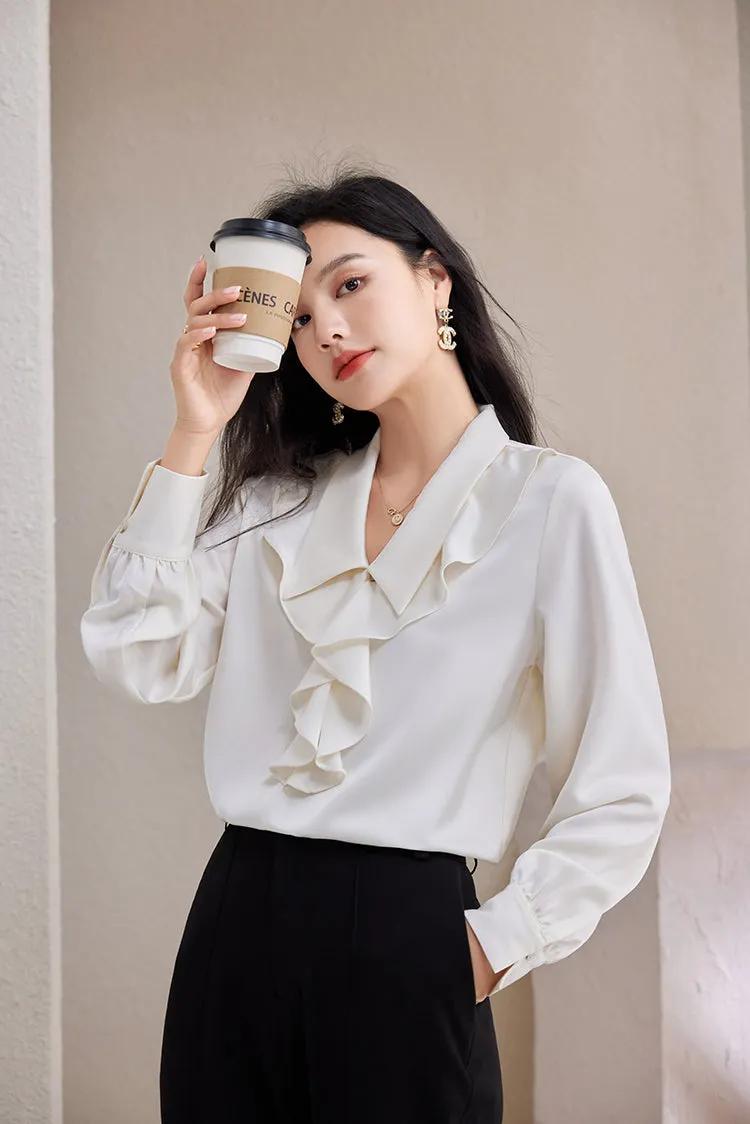 Women's Korean Elegant Office Loose Fit Chiffon Long Sleeves Blouse