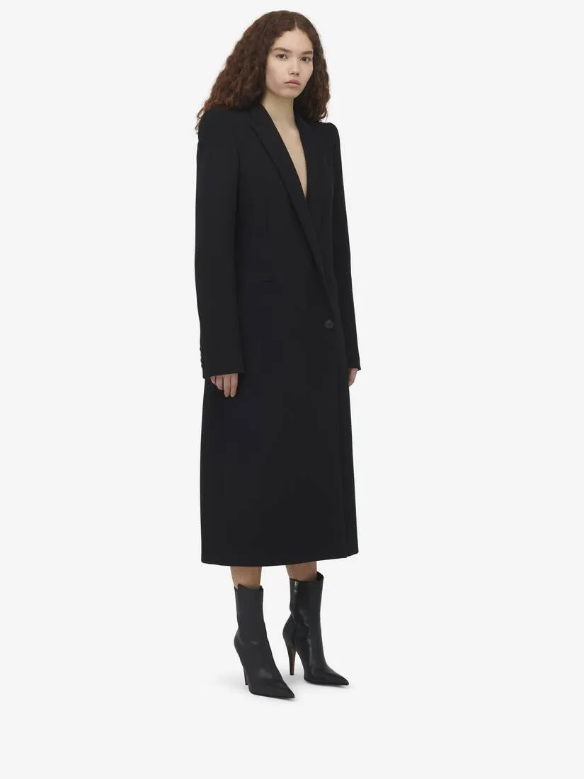 Women's Stacked Shoulder Tailored Coat in Black