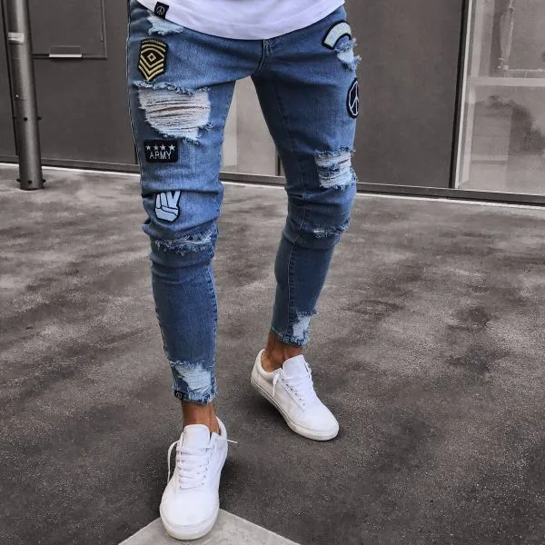 Xituodai Men's Skinny ripped jeans men Pants Pencil Biker Side Striped Jeans Destroyed Hole Hip Hop Slim Fit Man Stretchy Jean P