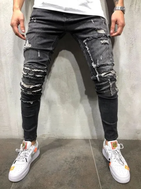 Xituodai Men's Skinny ripped jeans men Pants Pencil Biker Side Striped Jeans Destroyed Hole Hip Hop Slim Fit Man Stretchy Jean P