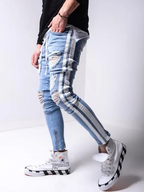 Xituodai Men's Skinny ripped jeans men Pants Pencil Biker Side Striped Jeans Destroyed Hole Hip Hop Slim Fit Man Stretchy Jean P