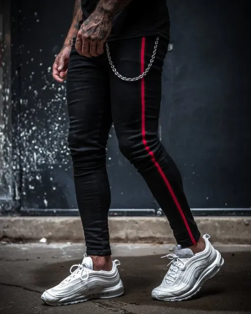 Xituodai Men's Skinny ripped jeans men Pants Pencil Biker Side Striped Jeans Destroyed Hole Hip Hop Slim Fit Man Stretchy Jean P