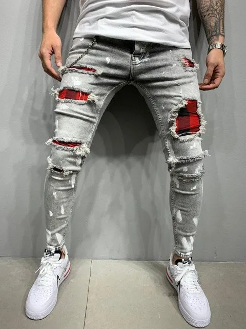 Xituodai Men's Skinny ripped jeans men Pants Pencil Biker Side Striped Jeans Destroyed Hole Hip Hop Slim Fit Man Stretchy Jean P