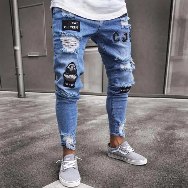 Xituodai Men's Skinny ripped jeans men Pants Pencil Biker Side Striped Jeans Destroyed Hole Hip Hop Slim Fit Man Stretchy Jean P