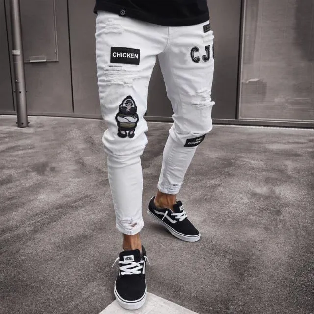 Xituodai Men's Skinny ripped jeans men Pants Pencil Biker Side Striped Jeans Destroyed Hole Hip Hop Slim Fit Man Stretchy Jean P