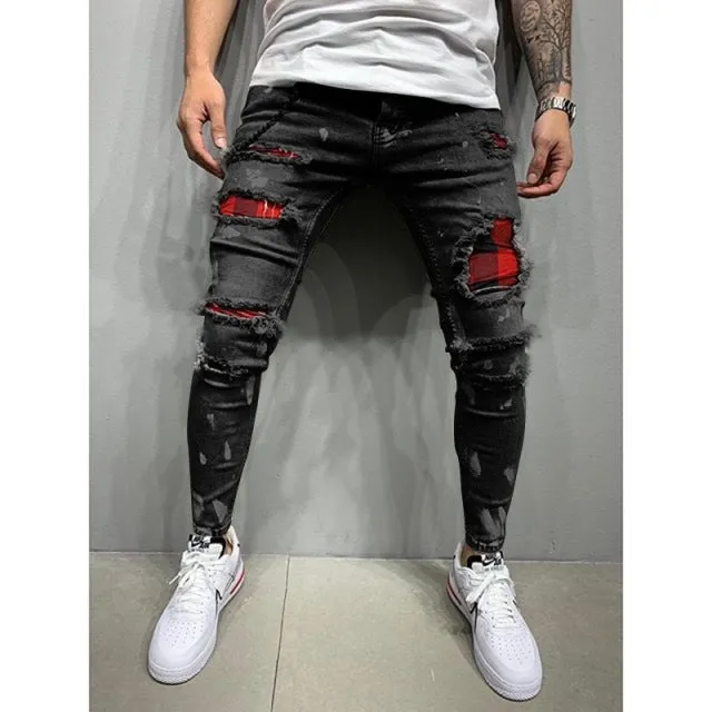 Xituodai Men's Skinny ripped jeans men Pants Pencil Biker Side Striped Jeans Destroyed Hole Hip Hop Slim Fit Man Stretchy Jean P