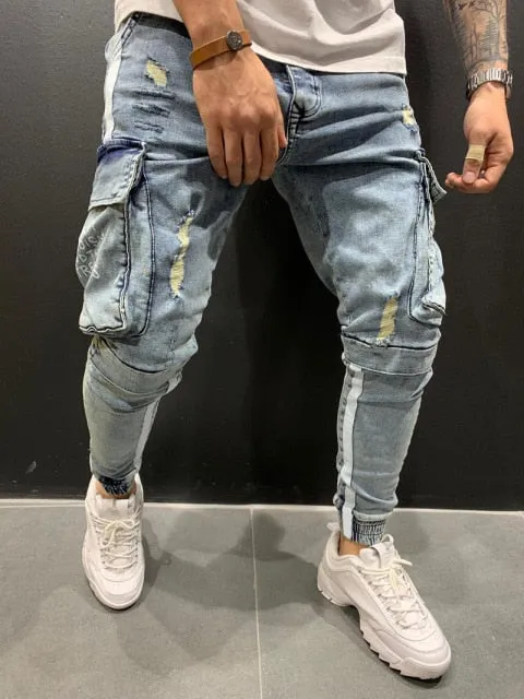 Xituodai Men's Skinny ripped jeans men Pants Pencil Biker Side Striped Jeans Destroyed Hole Hip Hop Slim Fit Man Stretchy Jean P