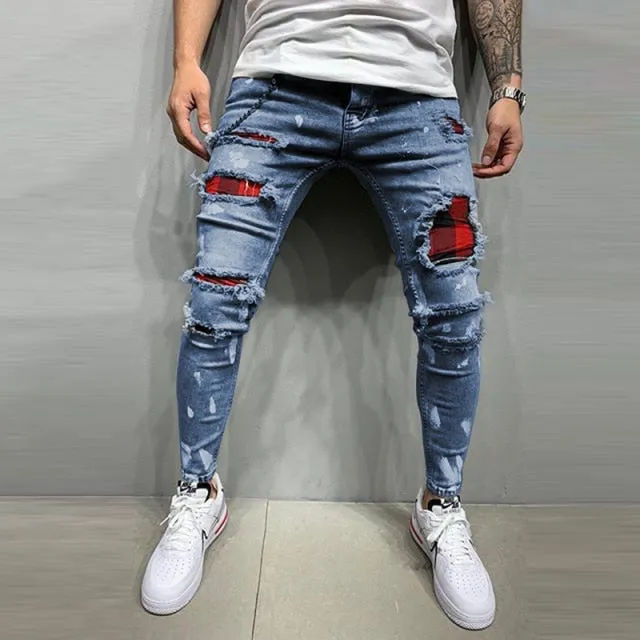 Xituodai Men's Skinny ripped jeans men Pants Pencil Biker Side Striped Jeans Destroyed Hole Hip Hop Slim Fit Man Stretchy Jean P