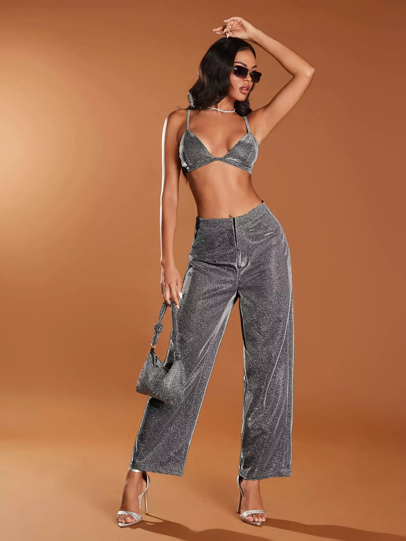 Zip Back Glitter Crop Cami Top Pants