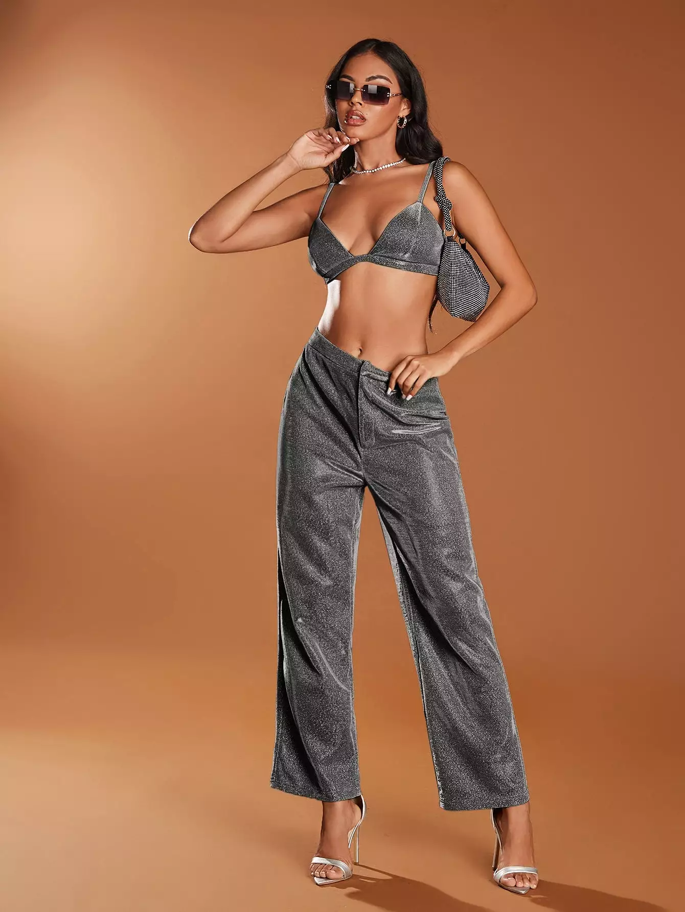 Zip Back Glitter Crop Cami Top Pants